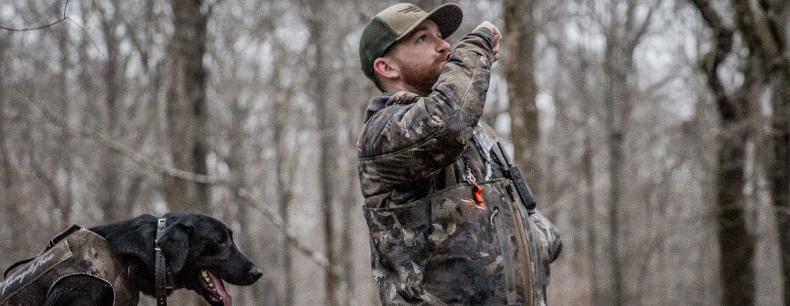 A duck hunter calls ducks while hunting with his black labrador