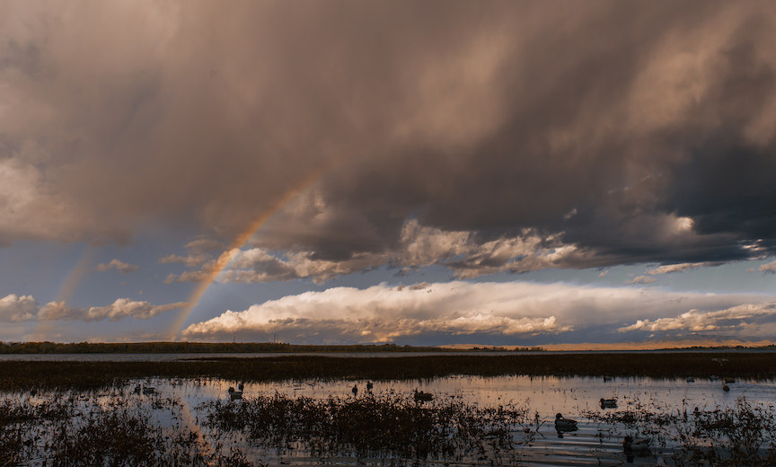 A double rainbow with storm clouds over duck decoys